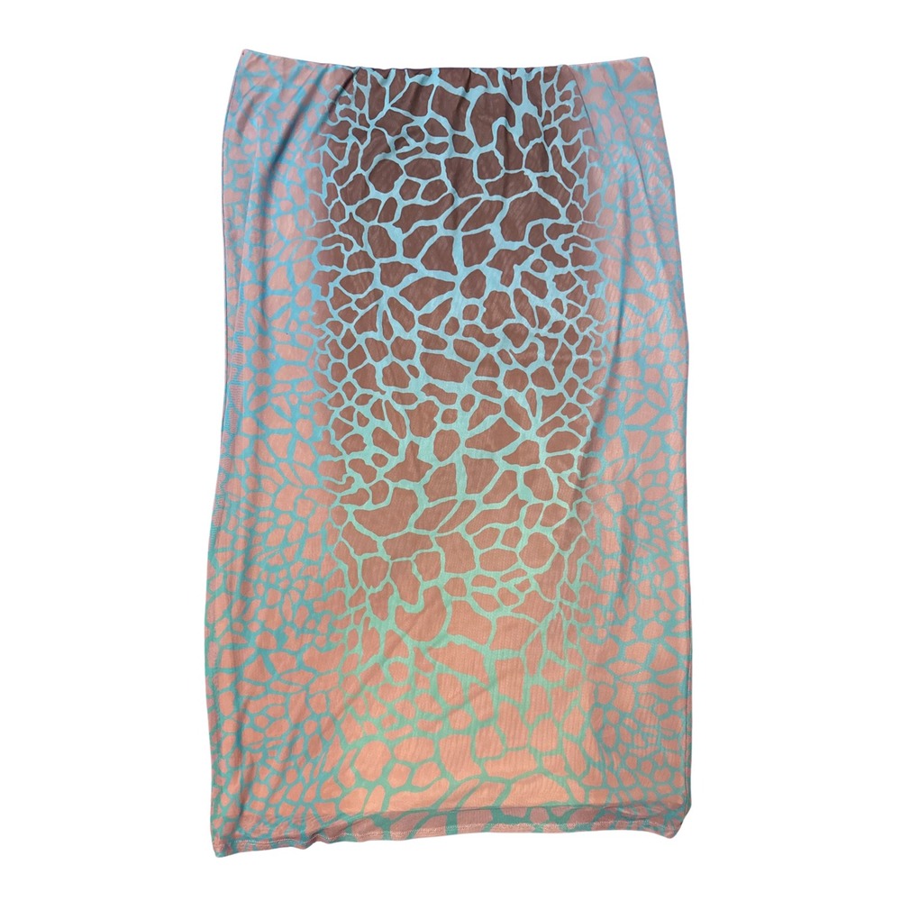 AFRM Womens 1X Blue Green Ombre Giraffe Mesh Midi Skirt Bodycon Lined Stretch